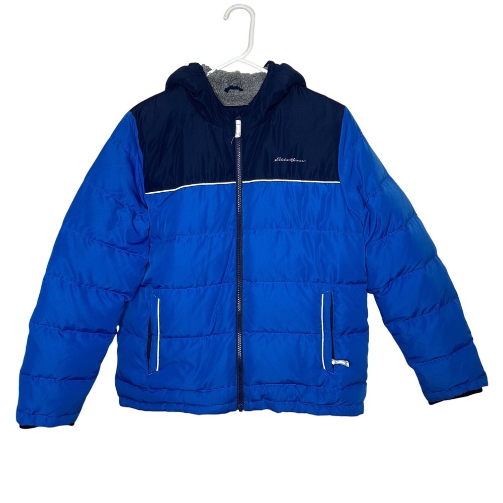 Eddie Bauer Kids BOYS CLASSIC DOWN FLEECE LINED HOODED JACKET Size Large 14 Blue
